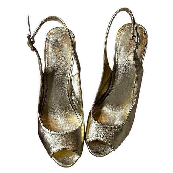 Lilly Pulitzer Kristin Slingback Wedge Sandal Gold Peep-Toe Slingback Heels - Picture 10 of 12